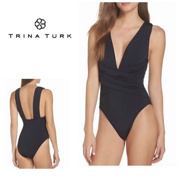 New. Trina Turk black wrap one piece. Size 4. Retails $152 - Picture 1 of 10